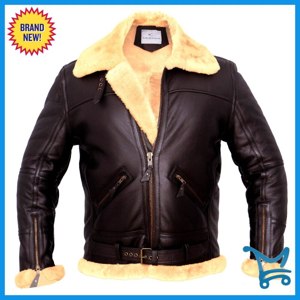 Men's Real Shearling B3 Bomber Jacket Winter Aviator Leather Coat